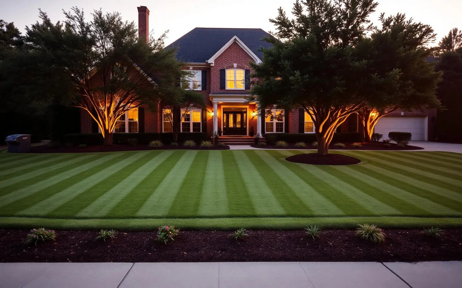Manicured Atlanta front lawn with mature trees and crisp edging at golden hour